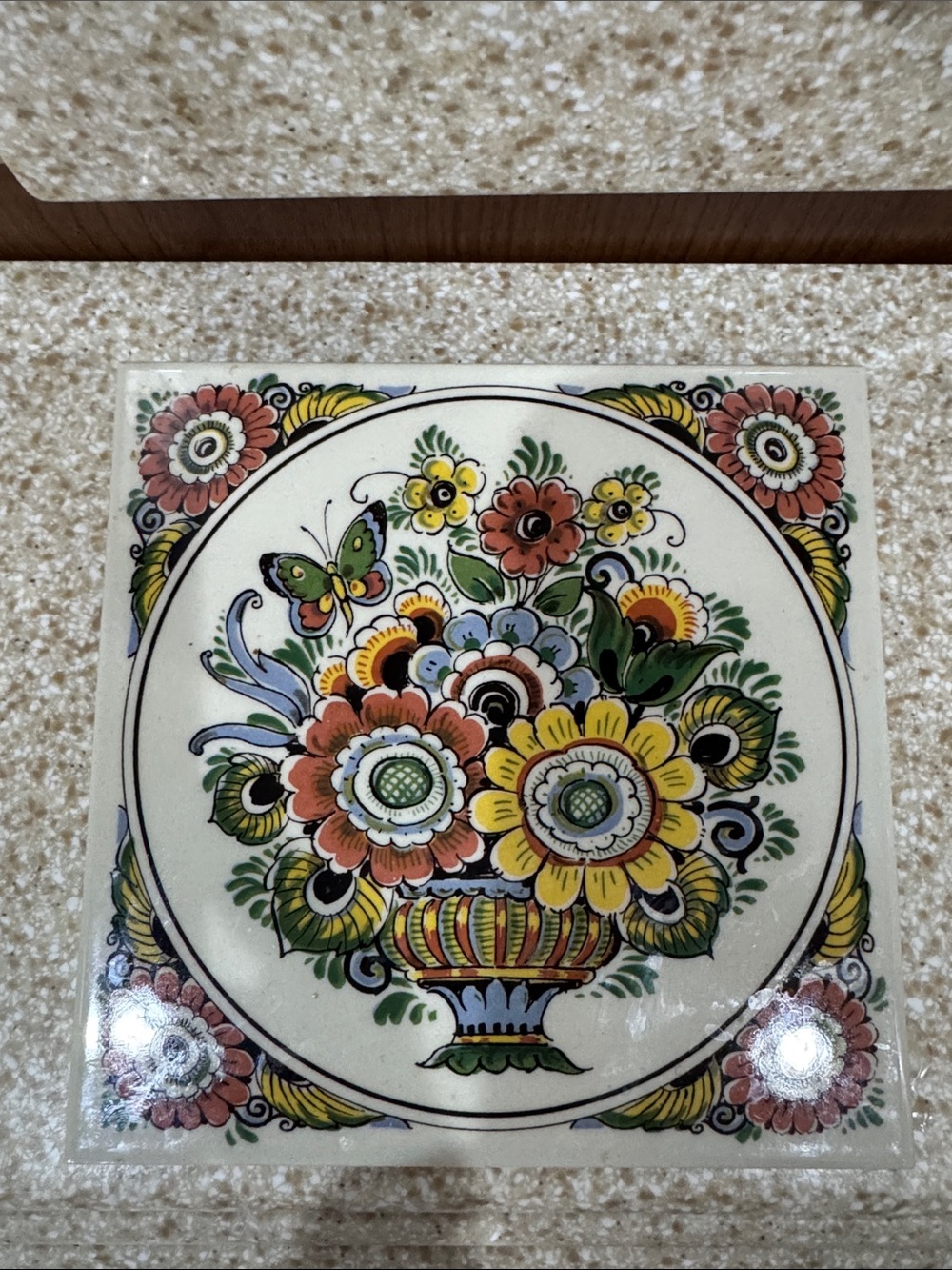 Hand-Painted Floral Ceramic Wall Tile - Multicolor